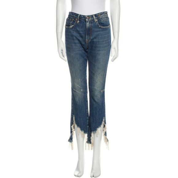 R13 Spiral Kick Kelly W frayed raw hem cropped distressed blue denim jeans Sz 27 - Picture 1 of 8